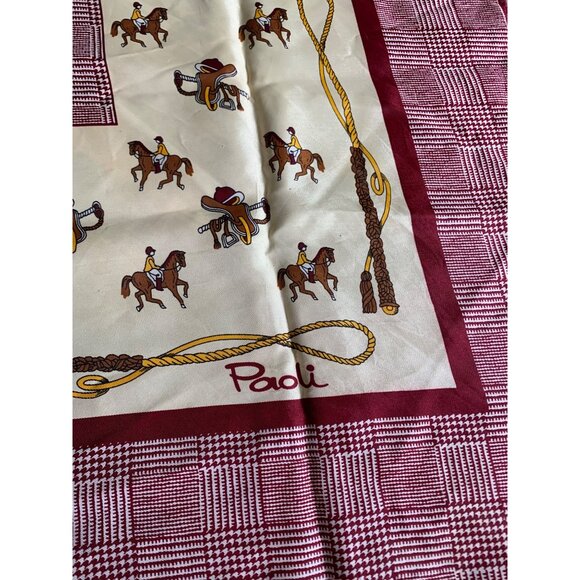 Paoli Vintage Equestrian Scarf made in Japan red and cream horse rider print - Picture 2 of 12